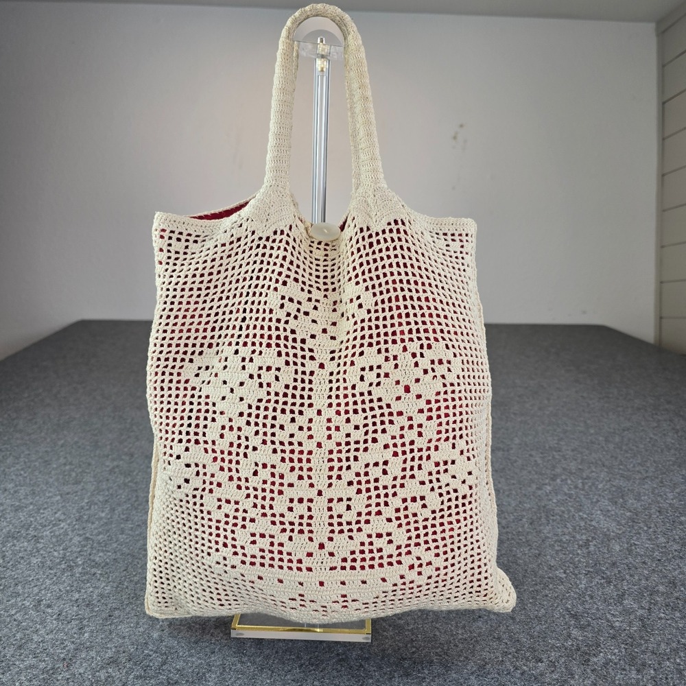 Women's Handbag Beige Knit Crochet Boho Beach Double Handle Pockets Shoulder Bag